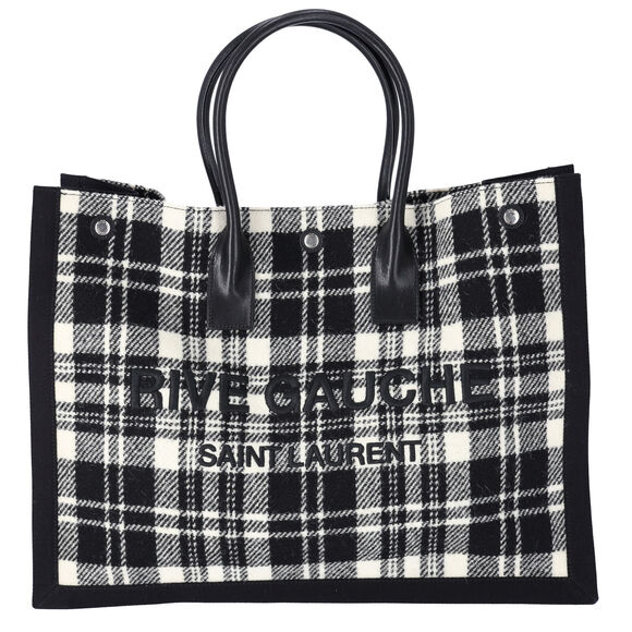 Saint Laurent Rive Gauche Tote Bag 499290 Black White Plaid Wool Leather - Picture 1 of 6